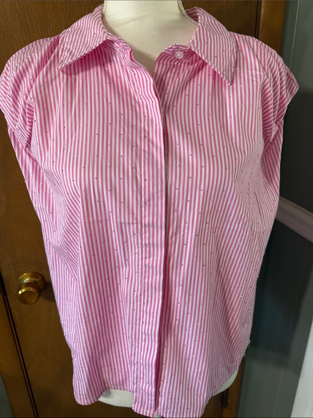 NWT Badgley Mischka Pink and White Striped Top with Bling Size L
